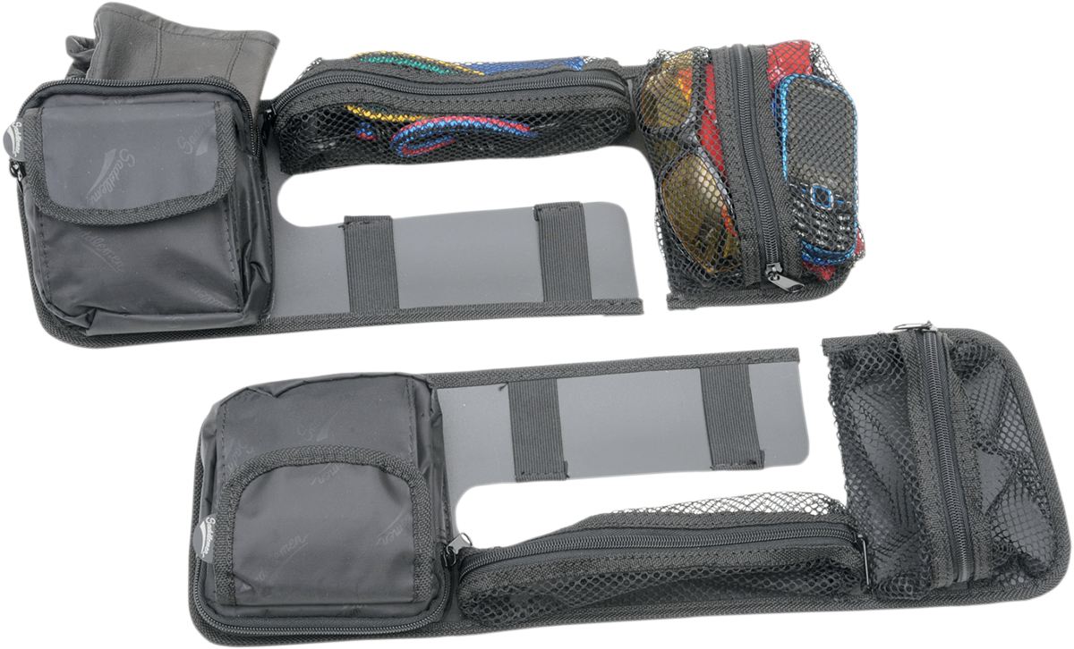 Bill's Exhausts Saddlemens Saddlebag Lid Organizer for seats, showcasing the durable black leather lid with compartments.