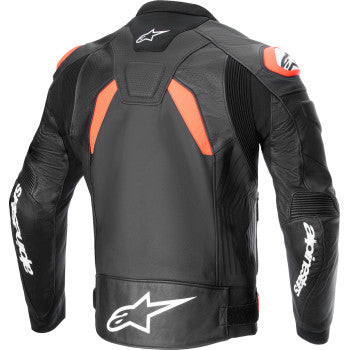 Alpinestars GP Plus R v4 Airflow leather motorcycle jacket in black, red, and white, displayed on a mannequin.