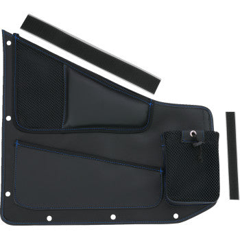 Bill's Exhausts SHOW CHROME Kaliber Side Organizer for driver and passenger, black with blue stitching, fits vehicle interior.