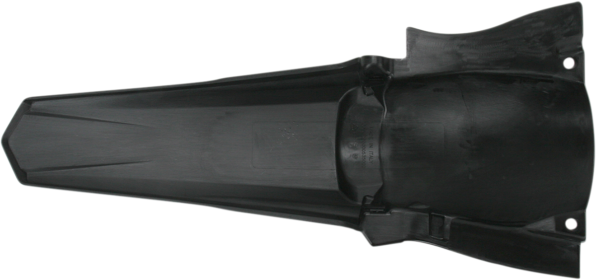 Black Acerbis rear fender for motorcycle, shown from side angle, made of durable plastic, with mounting points visible.