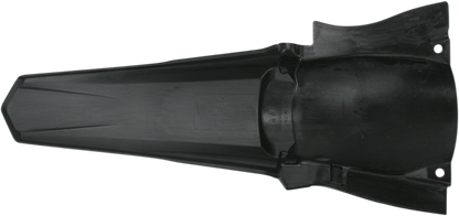 Black Acerbis rear fender for motorcycle, shown from side angle, made of durable plastic, with mounting points visible.