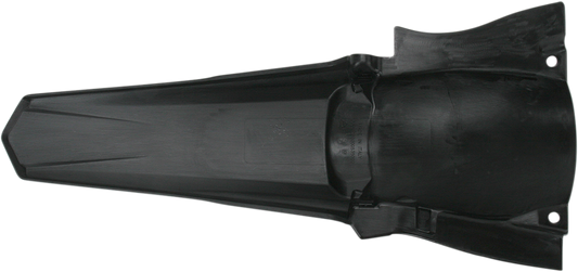 Black Acerbis rear fender for motorcycle, shown from side angle, made of durable plastic, with mounting points visible.