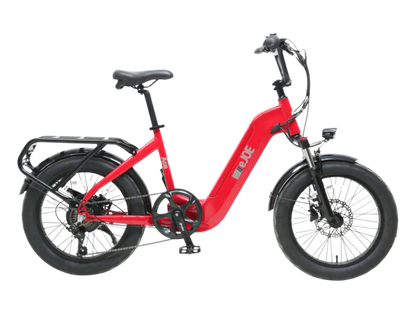 eJOEbike Collie Cargo eBike with sturdy frame and cargo rack, shown in black and red on a paved road.