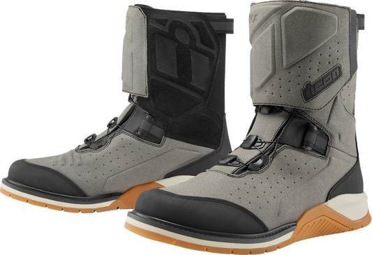 Gray ICON Alcan waterproof boots by Bill's Exhausts, size 14, showing sturdy leather construction and waterproof design.