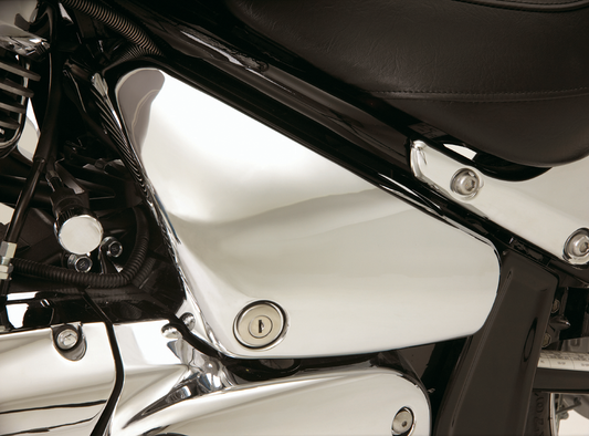 Chrome engine side cover for Harley Davidson, model 82-203 by Bill's Exhausts, shiny chrome finish with detailed design.