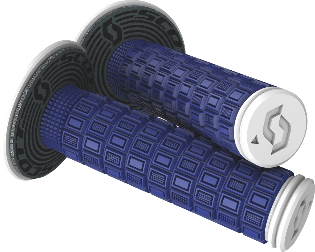 Scott Mellow Blue/White motorcycle grips, lightweight engine grips with textured surface for improved handling and comfort.