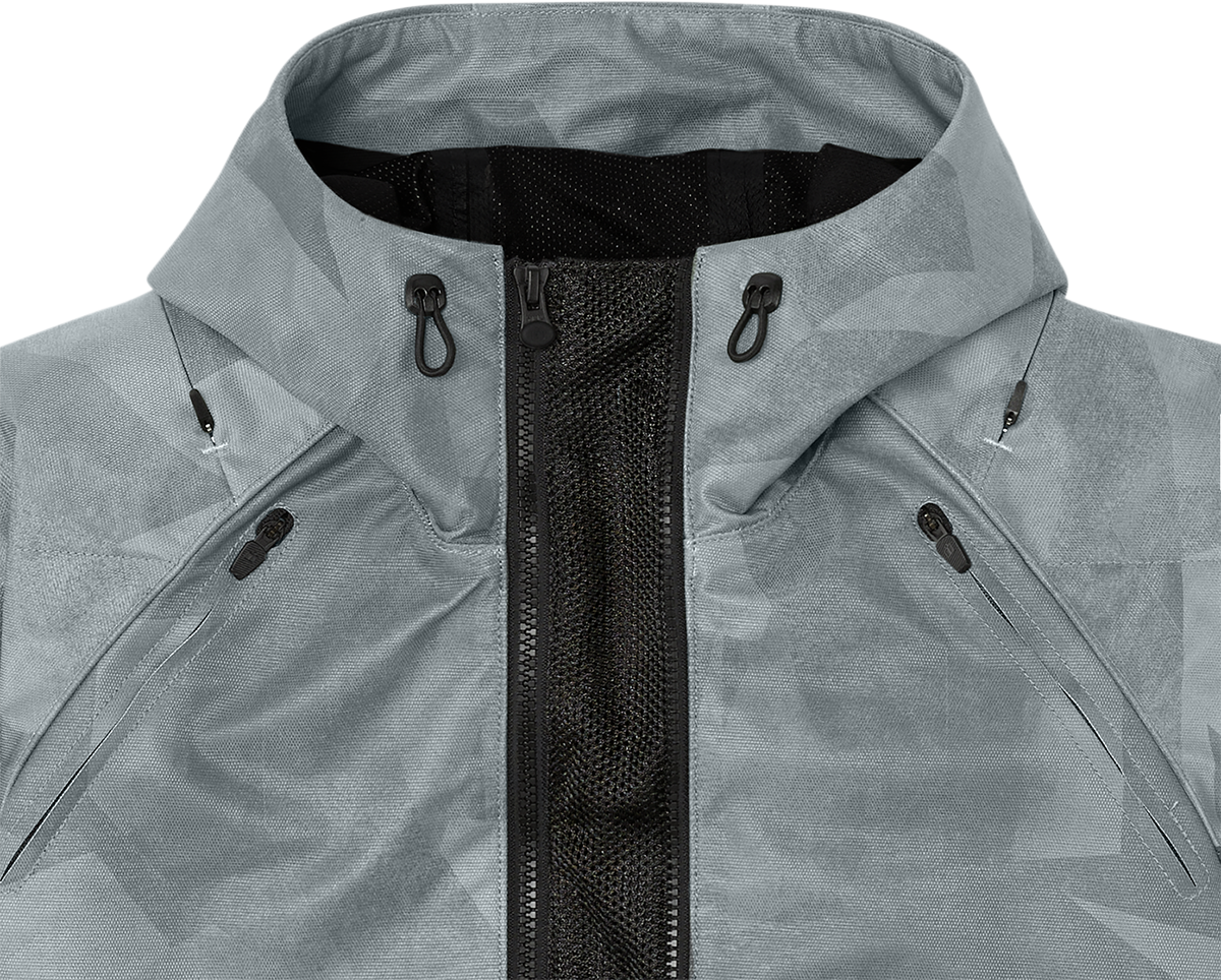 Gray ICON Airform Battlescar™ jacket, medium-sized, lightweight motorcycle jacket with detailed textured design by Bill's Exhausts.