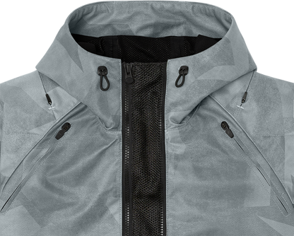 Gray ICON Airform Battlescar™ jacket, medium-sized, lightweight motorcycle jacket with detailed textured design by Bill's Exhausts.