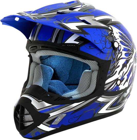 Matte blue AFX FX-17 Butterfly helmet, medium size, with aerodynamic design and safety features, by Bill's Exhausts.