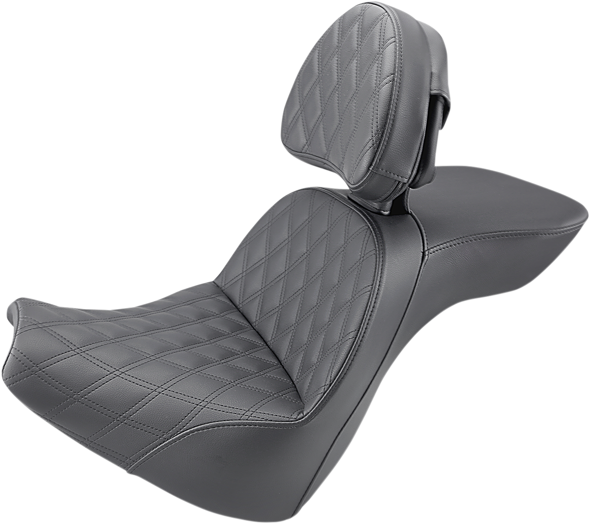 Bill's Exhausts SADDLEMEN Explorer Seat LS with backrest for FXBR/S 2018-2019 motorcycle, featuring comfortable seating and support.