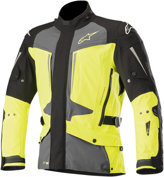 Alpinestars Yaguara Drystar® motorcycle jacket in black, gray, and yellow, size XL, featuring protective armor and water-resistant fabric.