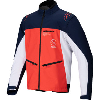Alpinestars Lite-Dura Softshell Jacket in navy, orange, and white, 2XL, shown on a hanger with front view.