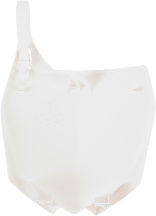 White Acerbis front number plate for motorcycle, showcasing a sleek body design with mounting holes, ideal for custom bike builds.