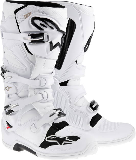 Alpinestars Tech 7 motocross boots in white, US 14, featuring sturdy construction and protective design for off-road riding.