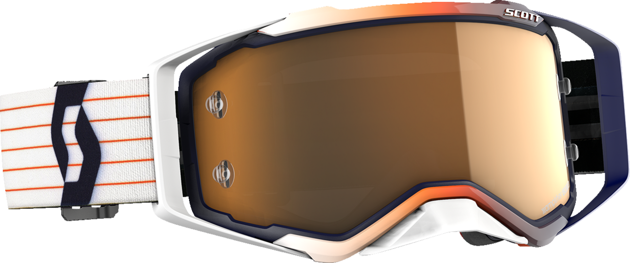 Scott Prospect Amplifier Goggles in blue and white with gold chrome accents, designed for motorcycle engine protection.