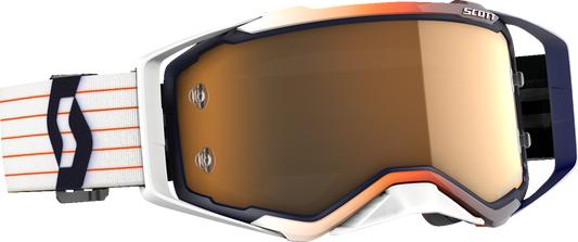 Scott Prospect Amplifier Goggles in blue and white with gold chrome accents, designed for motorcycle engine protection.