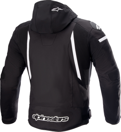 Alpinestars Zaca waterproof jacket in black and white, 2XL size, featuring a sleek design and waterproof fabric for outdoor wear.