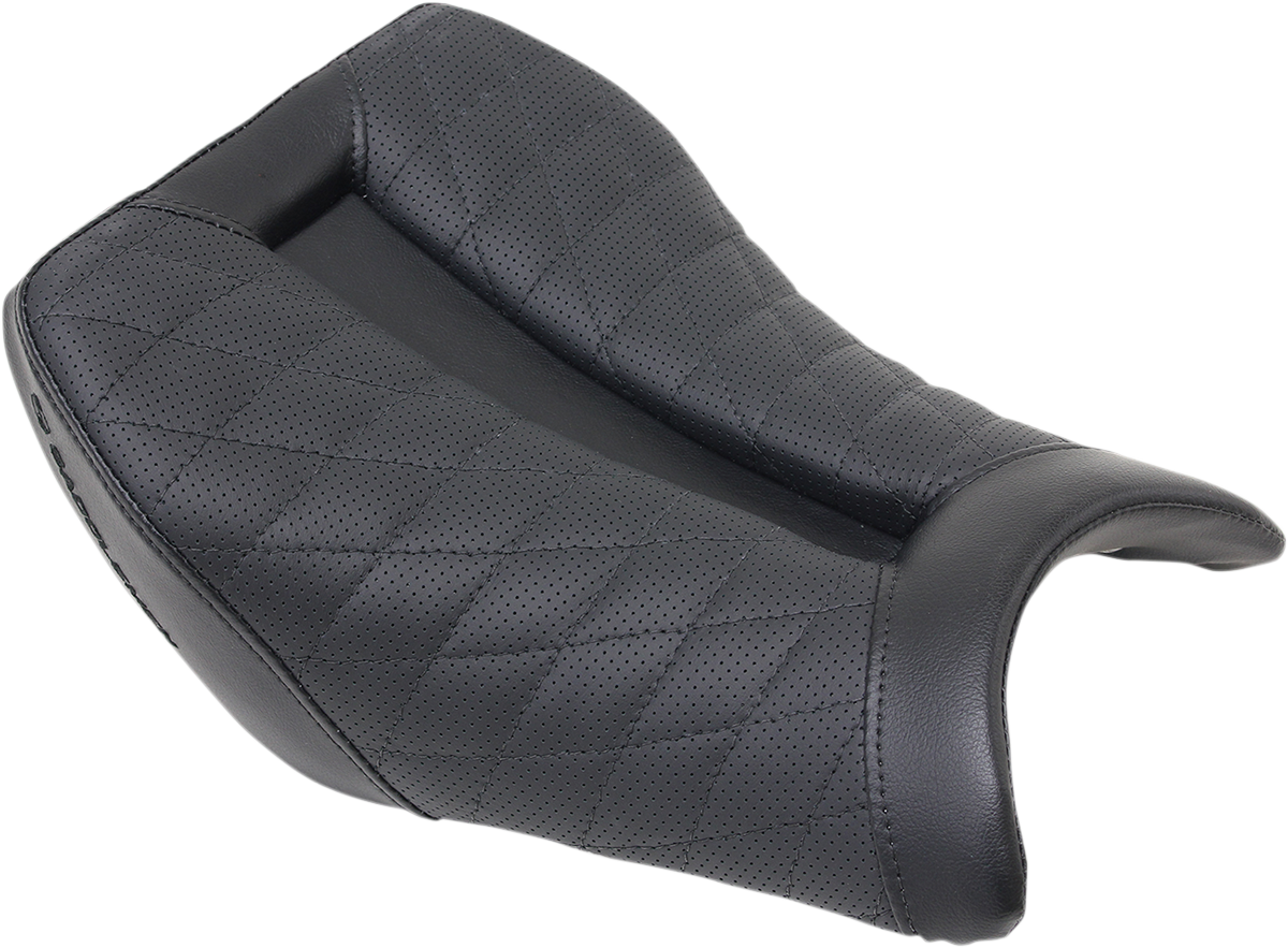 Black Saddlemens Track Seat with lattice stitch for BMW S1000RR 2012-2018, designed for enhanced riding comfort and style.