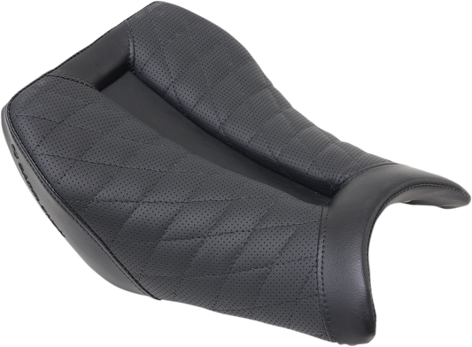 Black Saddlemens Track Seat with lattice stitch for BMW S1000RR 2012-2018, designed for enhanced riding comfort and style.