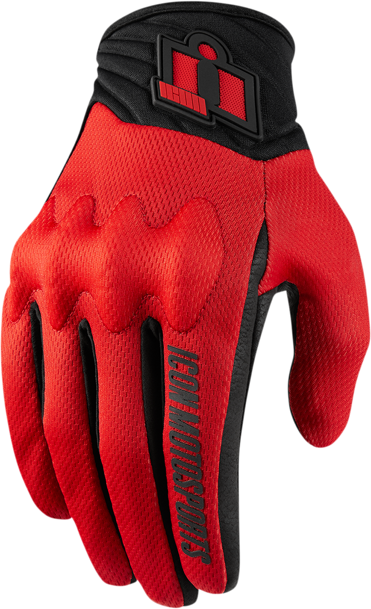 Red ICON Anthem 2 CE™ gloves in 2XL size, featuring protective armor and durable material, designed for motorcycle riding.