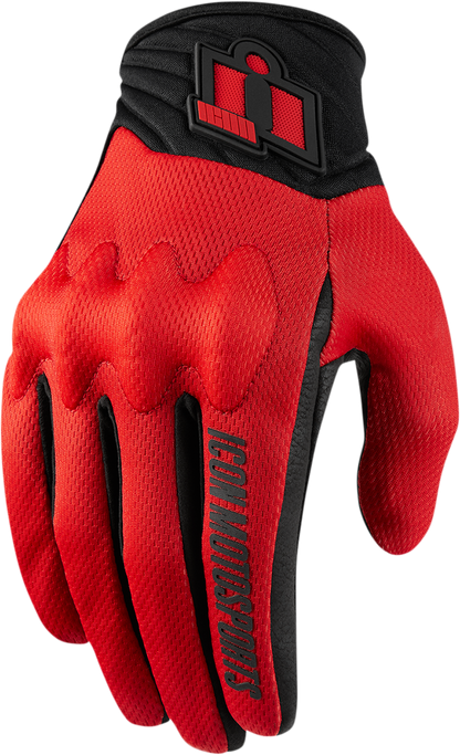 Red ICON Anthem 2 CE™ gloves in 2XL size, featuring protective armor and durable material, designed for motorcycle riding.