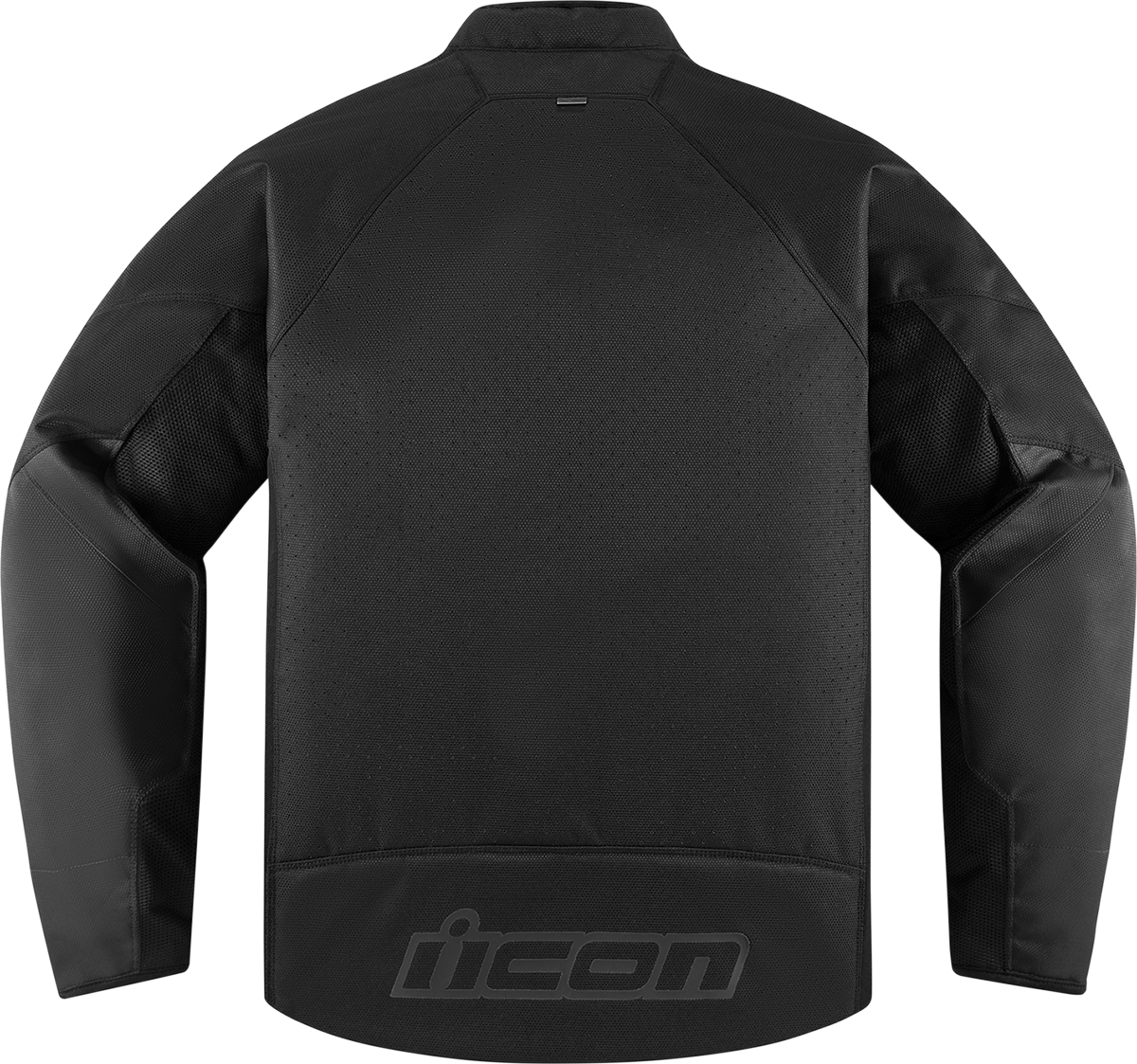 Black ICON Hooligan™ CE jacket by Bill's Exhausts, large size, shown on a hanger with visible zipper and padded shoulders.