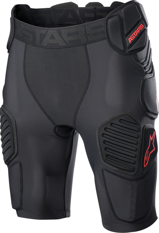 Black and red Alpinstars Bionic Pro protection shorts in medium size, showing padded knee and hip protection for motorcycling.