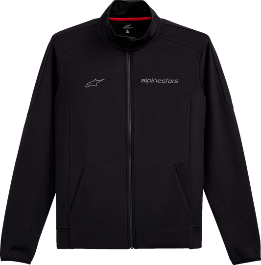 Alpinestars Progression Mid-Layer Jacket in black, XL size, shown on a hanger with a smooth fabric surface.