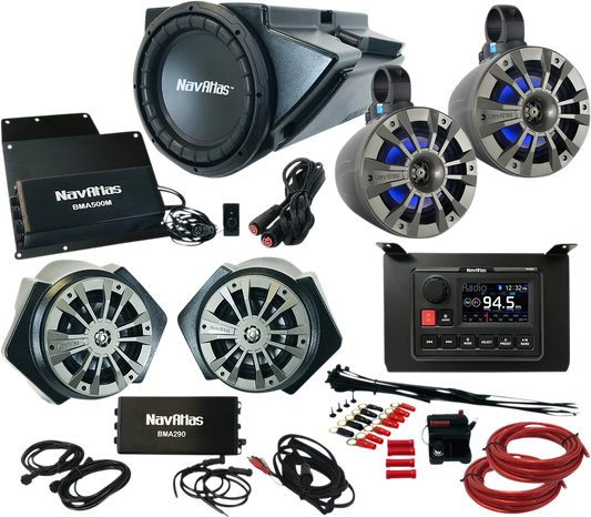 Bill's Exhausts NAVATLAS Audio Kit Zone 4 Turbo S RZR1 speakers, compact and powerful for off-road audio experience.