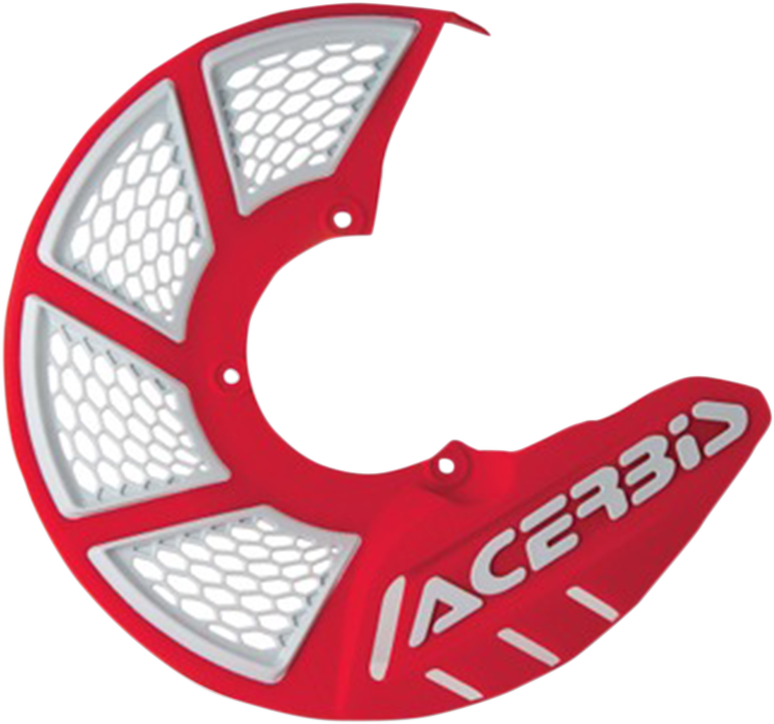 Acerbis X-Brake Disc Cover in red and white mounted on a motorcycle brake disc, designed for protection and style.