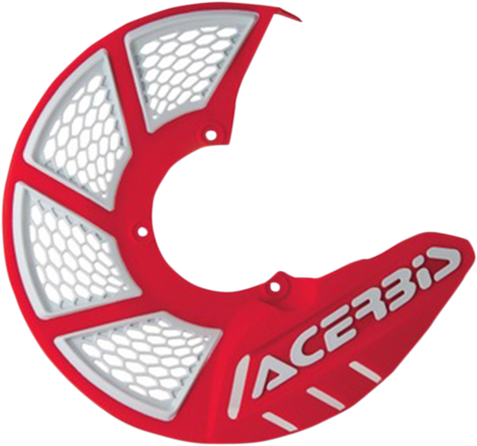 Acerbis X-Brake Disc Cover in red and white mounted on a motorcycle brake disc, designed for protection and style.