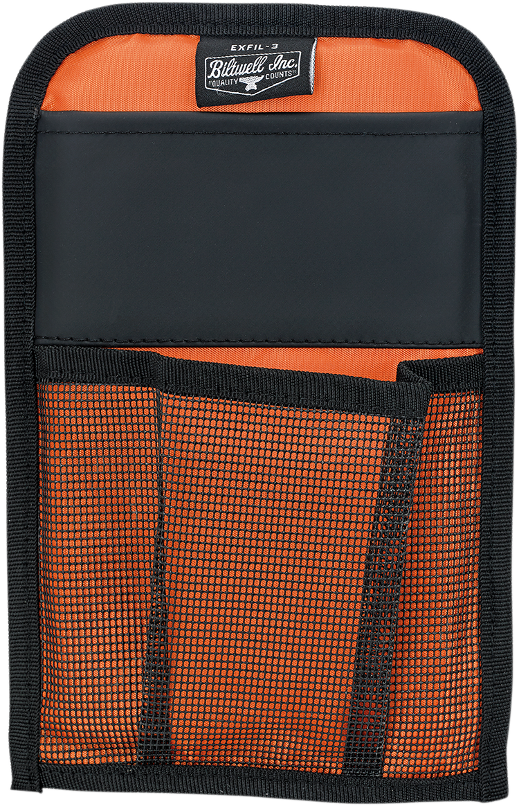 Black Biltwell Handlebar Bag 3008-01 attached to a motorcycle handlebar, showcasing durable design and secure mounting.