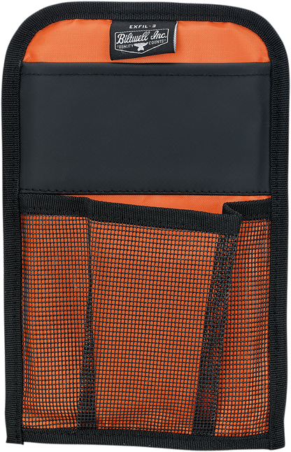 Black Biltwell Handlebar Bag 3008-01 attached to a motorcycle handlebar, showcasing durable design and secure mounting.