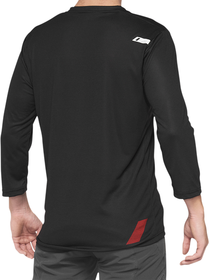Black and red 100% Airmatic 3/4 sleeve jersey by Bill's Exhausts, showing front view with logo and breathable fabric details.