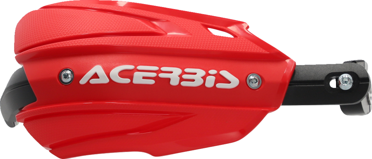 Acerbis Endurance X Handguards in red and white mounted on motorcycle handlebars with a durable body design.