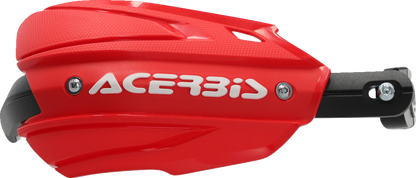 Acerbis Endurance X Handguards in red and white mounted on motorcycle handlebars with a durable body design.