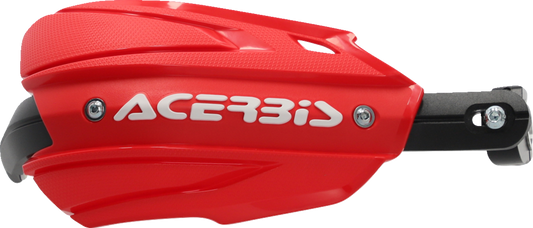 Acerbis Endurance X Handguards in red and white mounted on motorcycle handlebars with a durable body design.