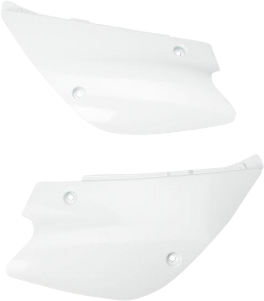 White Acerbis side panels for motorcycle body, featuring the Bill's Exhausts branding and sleek design.