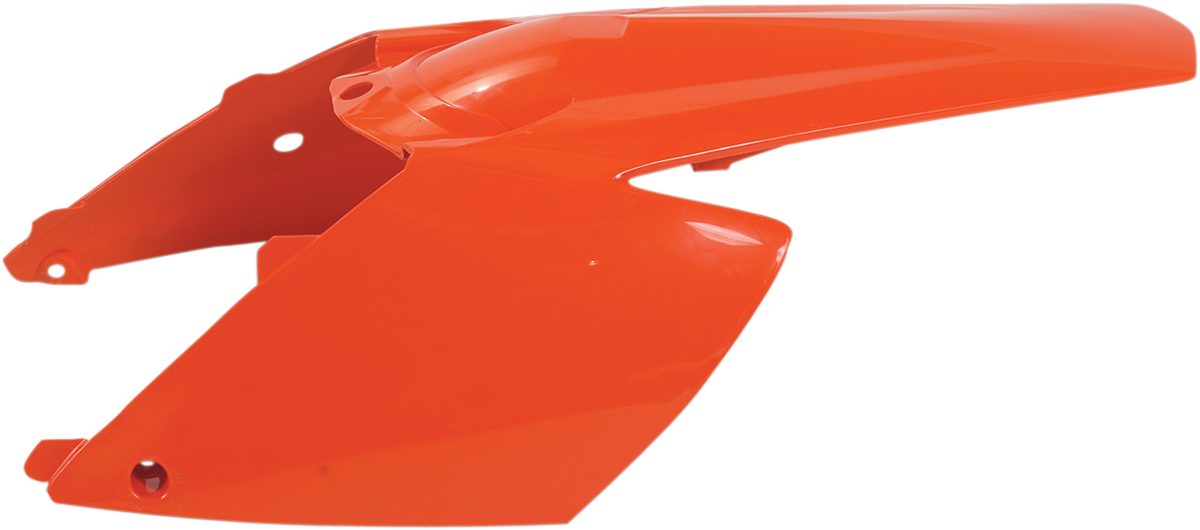 Orange Acerbis rear fender and side panel for motorcycle, made by Bill's Exhausts, showing the body panel with mounting points and branding.