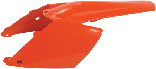 Orange Acerbis rear fender and side panel for motorcycle, made by Bill's Exhausts, showing the body panel with mounting points and branding.