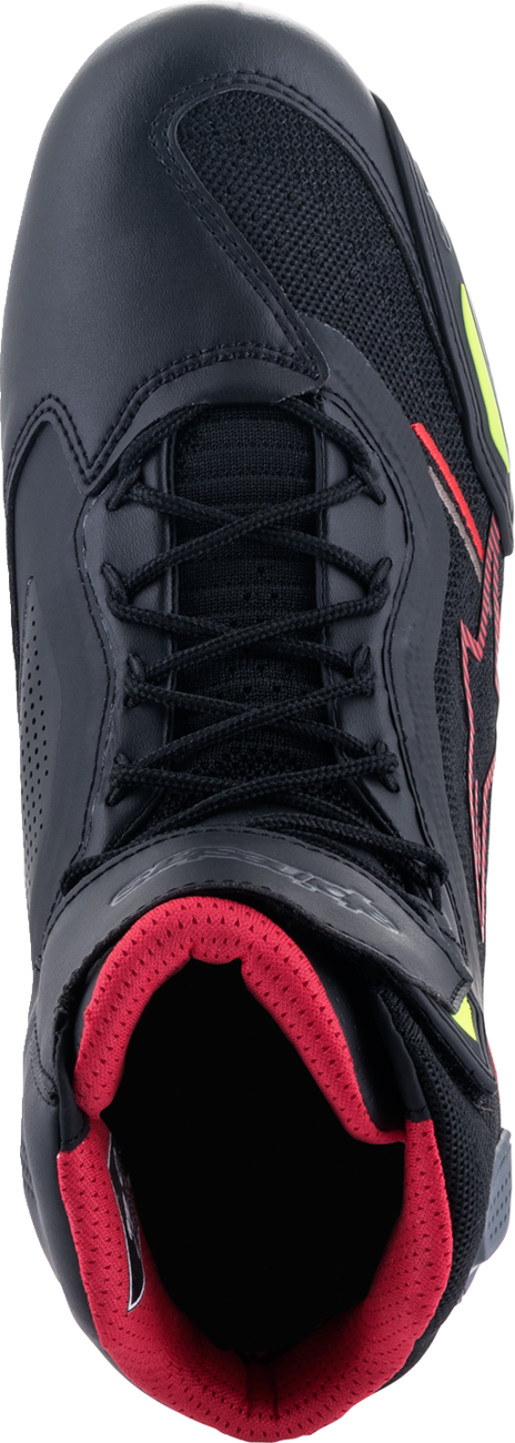 Alpinestars Faster-3 Rideknit® shoes in black, red, and yellow, US 11.5, featuring lightweight, breathable racing shoe design.