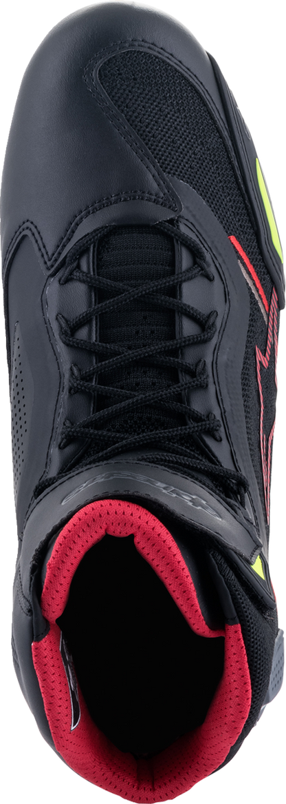 Alpinestars Faster-3 Rideknit® shoes in black, red, and yellow, US 11.5, featuring lightweight, breathable racing shoe design.