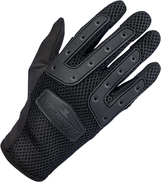 Black BILTWELL Anza Gloves in small size, made by Bill's Exhausts, showing the sleek glove design and textured material.