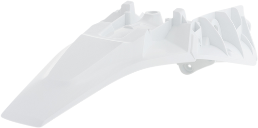 White Acerbis rear fender for motorcycle, mounted on bike body with mounting points visible, designed for durability and style.