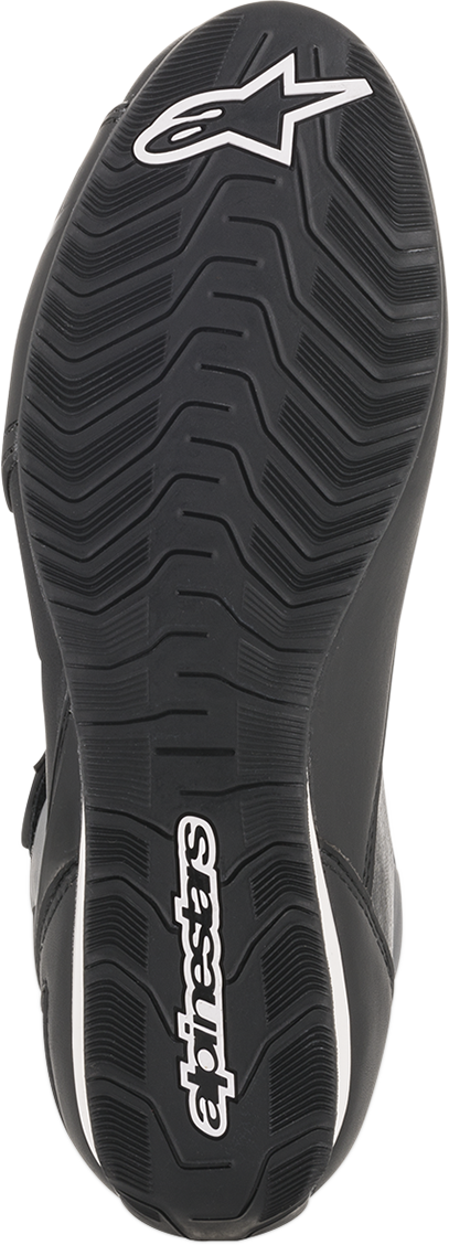 Alpinestars Stella Faster-3 black, gray, and blue riding shoes with sporty design, US size 8, for motorcycle riding.
