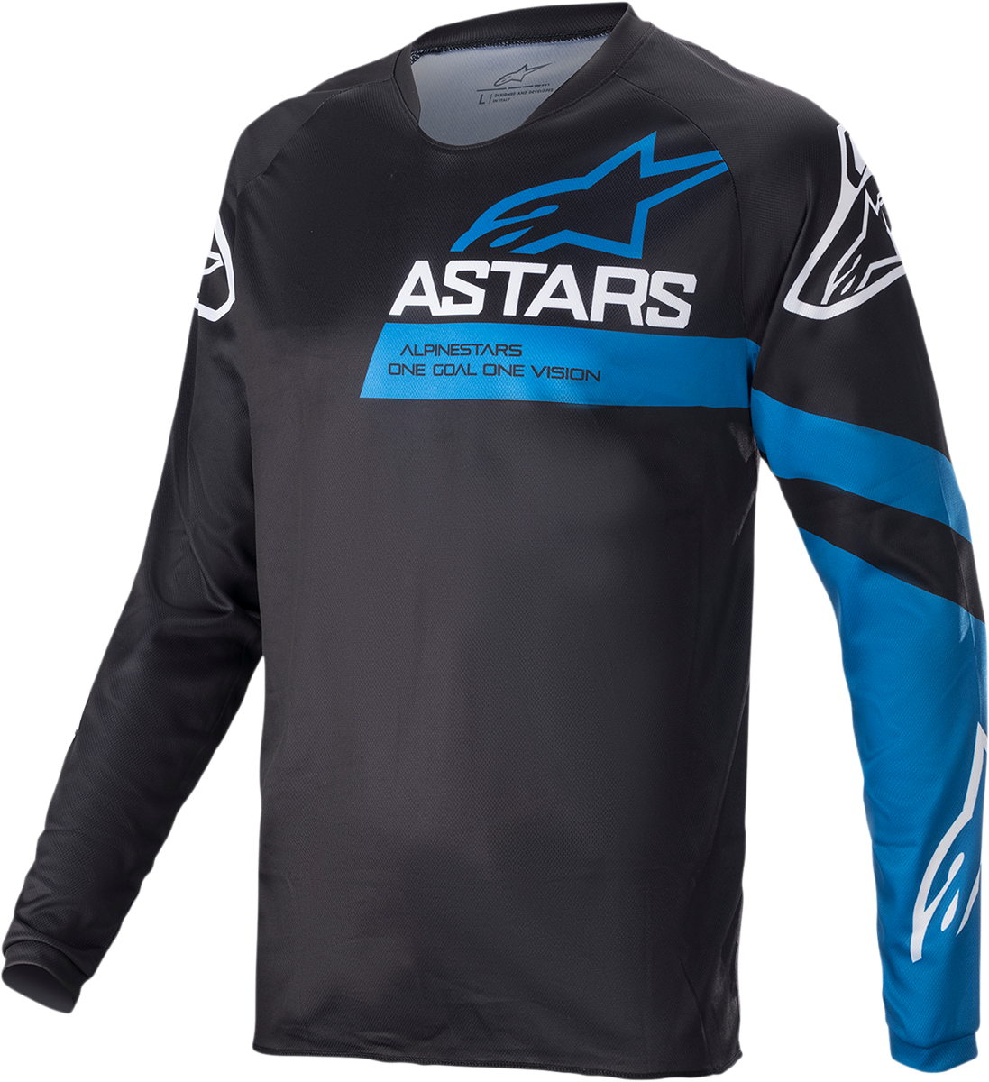 Alpinestars Racer V3 long-sleeve motorcycle jersey in black and bright blue, size XL, with sleek design and branding details.