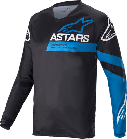 Alpinestars Racer V3 long-sleeve motorcycle jersey in black and bright blue, size XL, with sleek design and branding details.