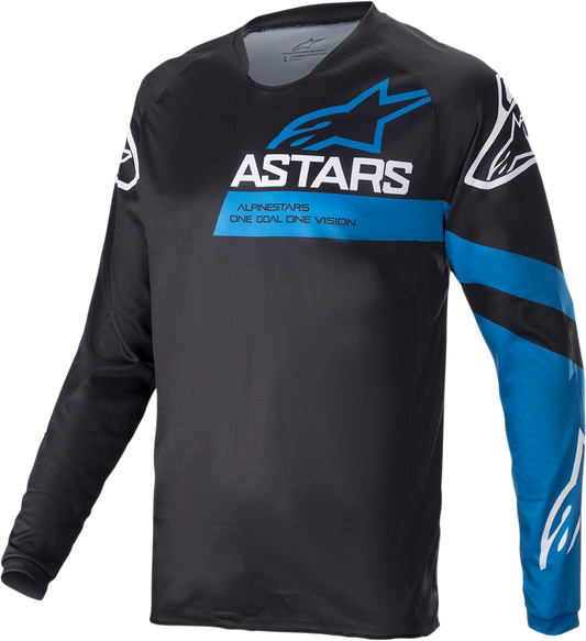 Alpinestars Racer V3 long-sleeve motorcycle jersey in black and bright blue, size large, featuring logo and breathable fabric.