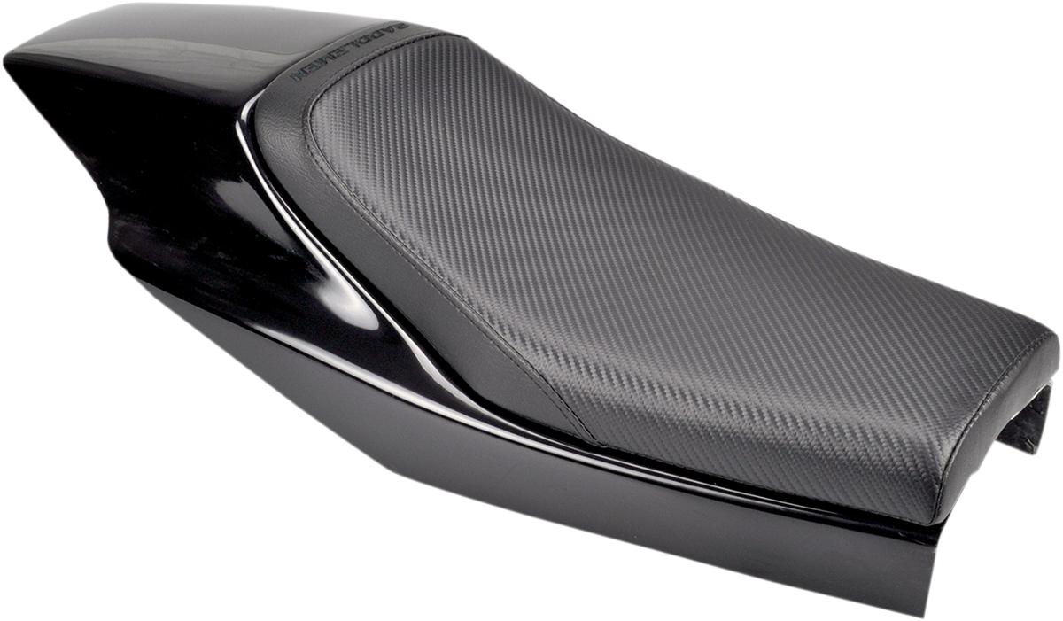 Black Saddlemens Eliminator Seat with carbon fiber detailing for Z4203 motorcycle, showcasing sleek, contoured design and stitching.