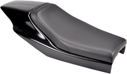Black Saddlemens Eliminator Seat with carbon fiber detailing for Z4203 motorcycle, showcasing sleek, contoured design and stitching.